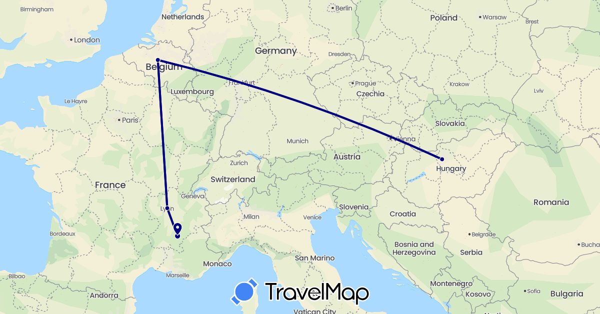 TravelMap itinerary: driving in Belgium, France, Hungary (Europe)